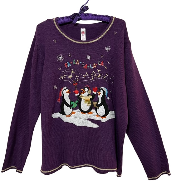 Sweaters - CHRISTMAS SWEATER SINGING PENGUINS WOMENS SIZE XL PURPLE WITH EMBELLISHMENTS